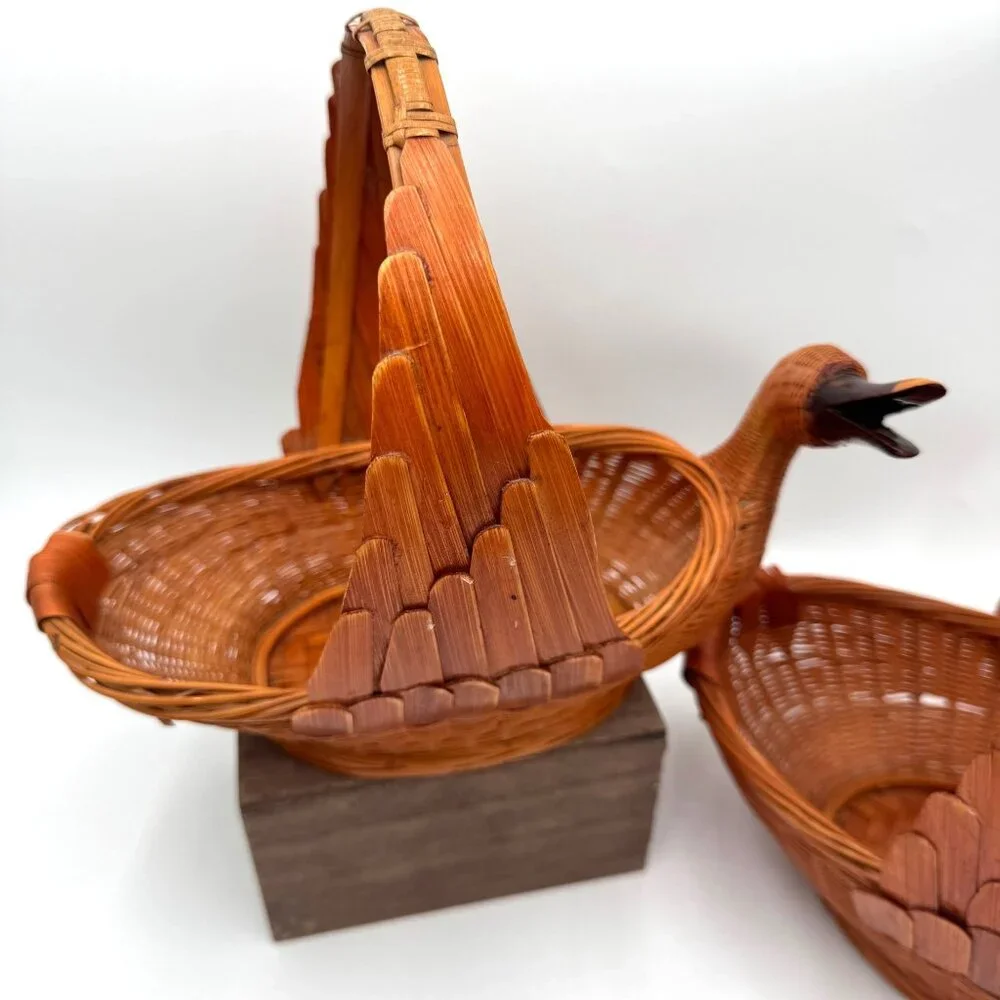 Goose or Swan Duck Nesting Baskets 1970s Mid Century Woven Wicker Rattan & Bambo
